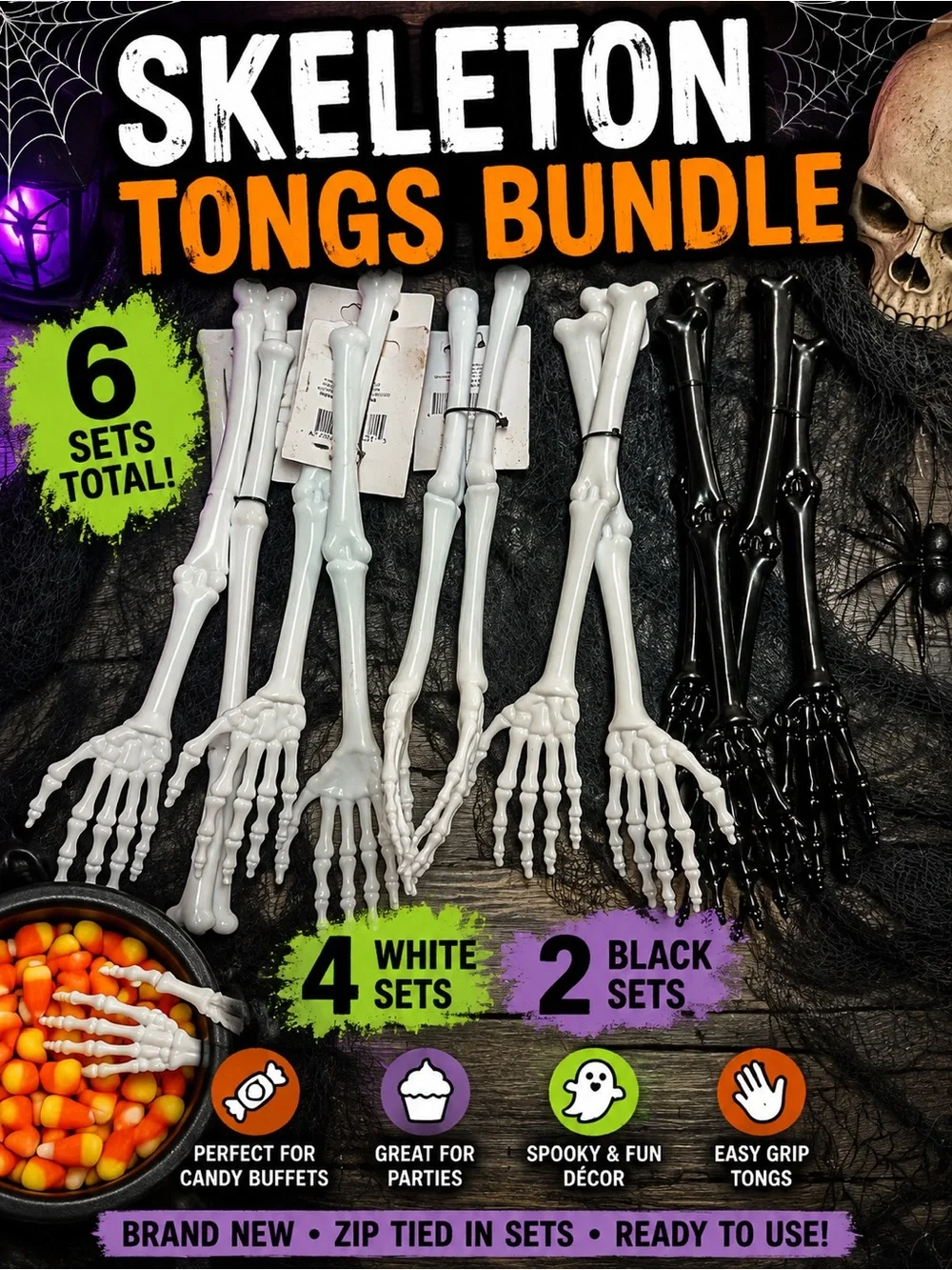 Halloween Skeleton Tongs Bundle 6 Sets Black White Party Serving Props